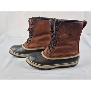 Sorel Premium Mens 9.5 Waterproof Leather Duck Boots Brown Rubber Lace Outdoor